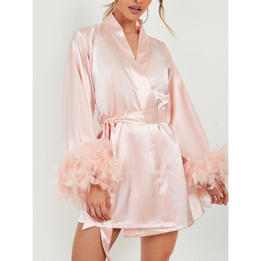 Boohoo Pink Satin Feather Robe